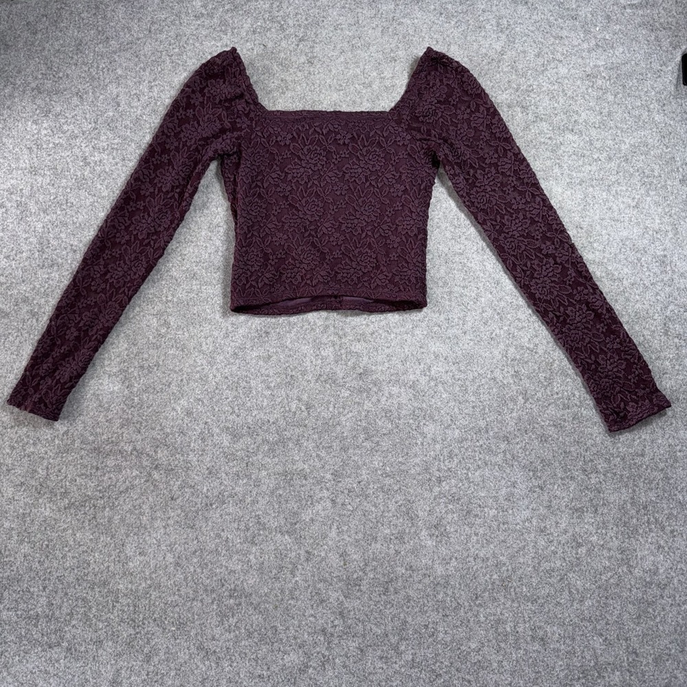 Abercrombie Fitch Floral Lace Long Sleeve Top XS Crop Square Neck Maroon